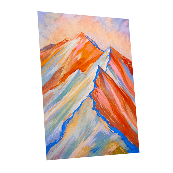 Peaks in Peach, orange, pink, blue nature wall art shown as a unframed poster wall art print