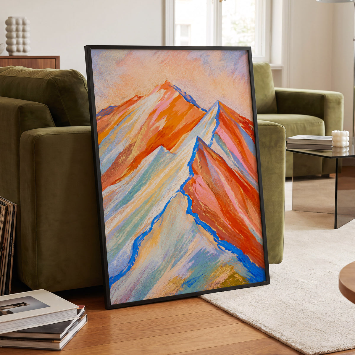 Peaks in Peach, orange, pink, blue nature wall art displayed in a styled interior, gallery view 2