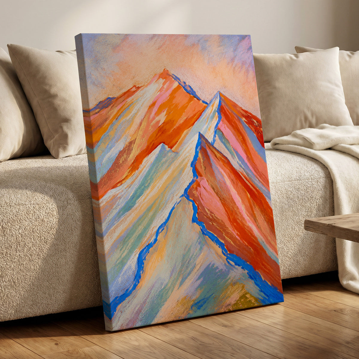Peaks in Peach, orange, pink, blue nature wall art displayed in a styled interior, gallery view 3