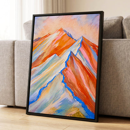 Peaks in Peach, orange, pink, blue nature wall art displayed in a styled interior, gallery view 4
