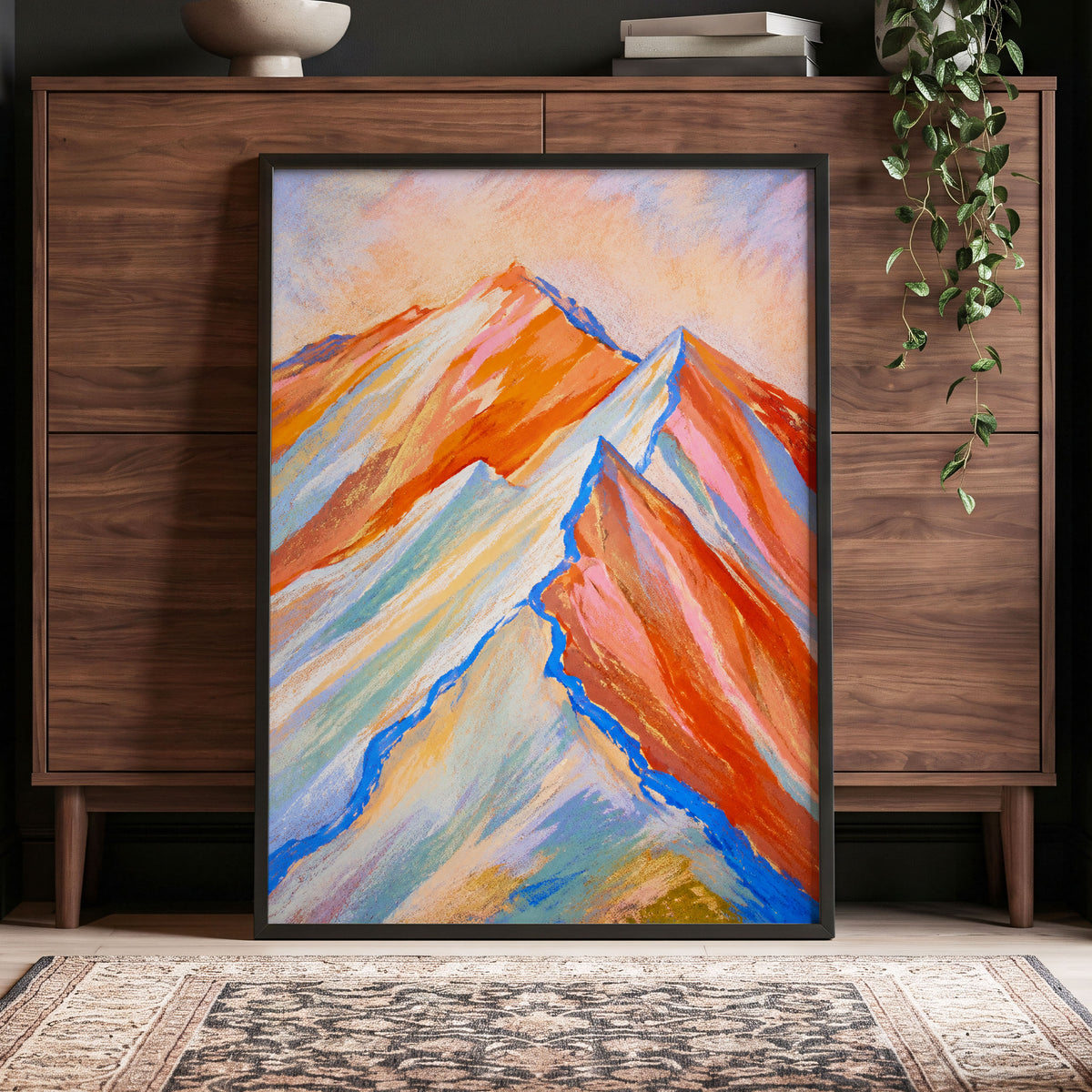 Peaks in Peach, orange, pink, blue nature wall art displayed in a styled interior, gallery view 6