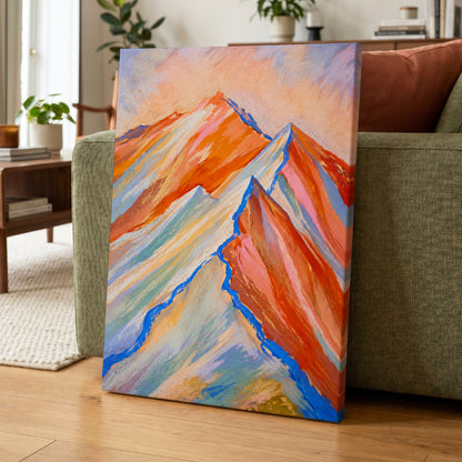 Peaks in Peach, orange, pink, blue nature wall art displayed in a styled interior, gallery view 7