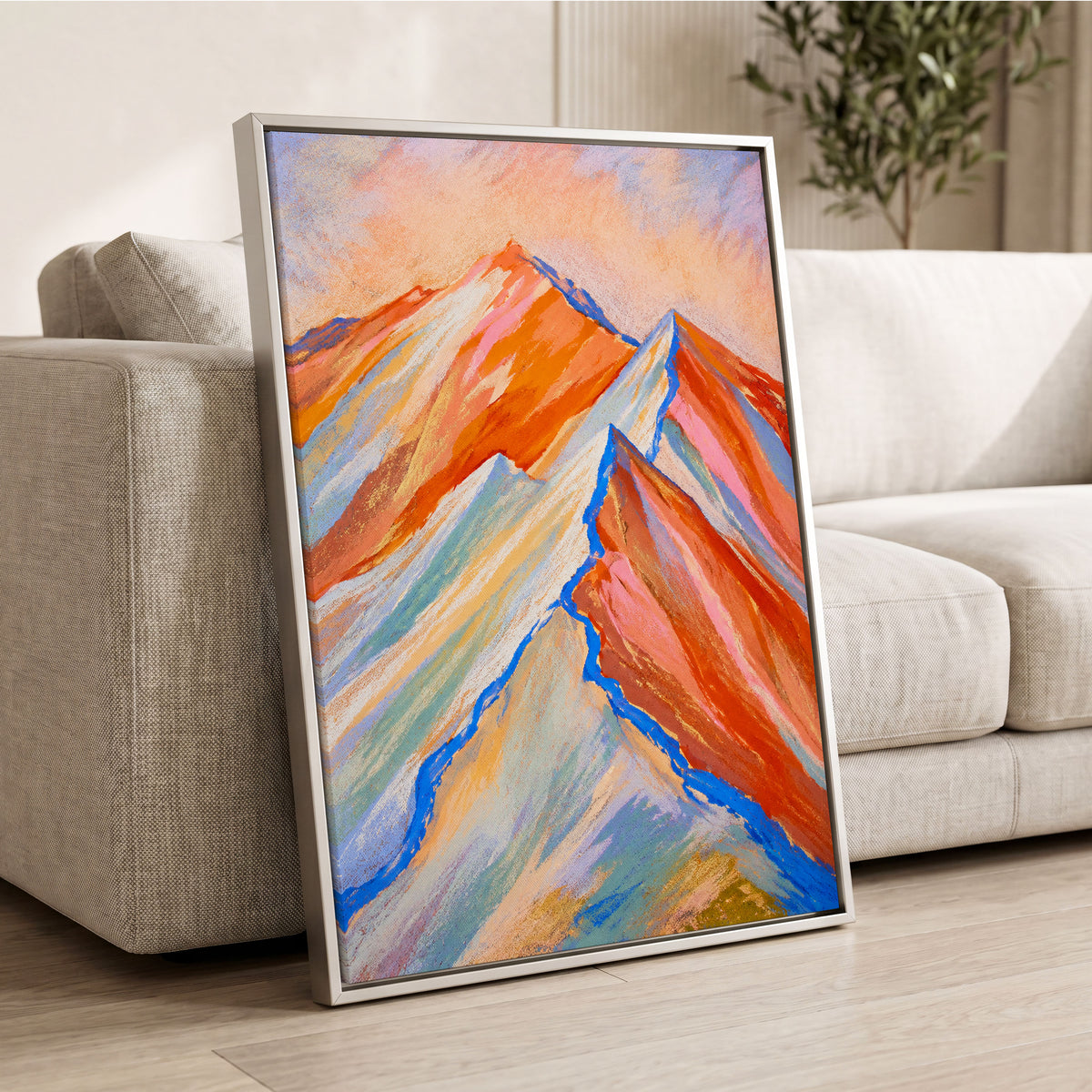 Peaks in Peach, orange, pink, blue nature wall art displayed in a styled interior, gallery view 8