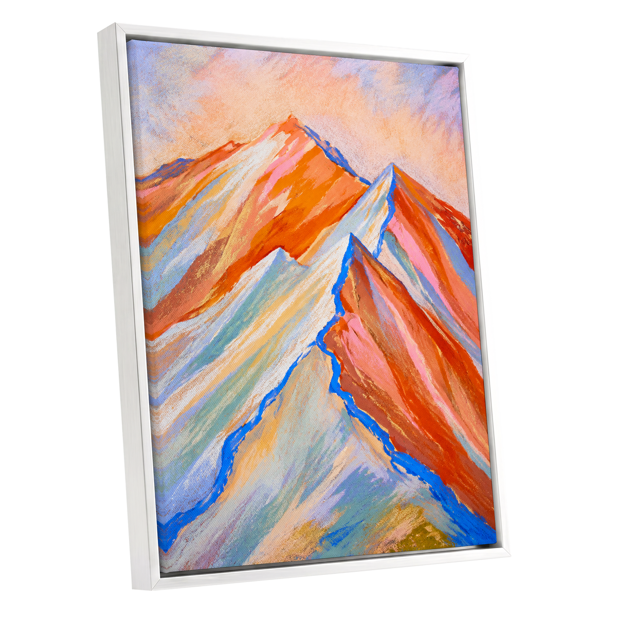 Peaks in Peach, orange, pink, blue nature wall art shown as a white framed canvas wall art