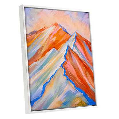 Peaks in Peach, orange, pink, blue nature wall art shown as a white framed canvas wall art