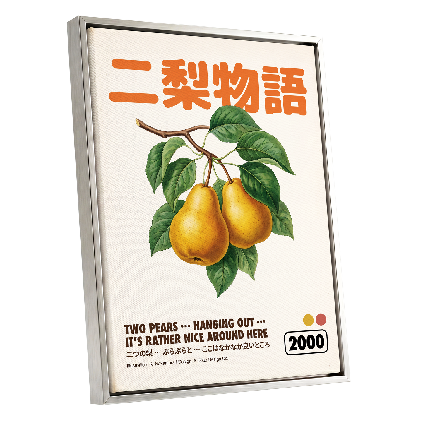 Pear Language, green, beige, gold nature wall art shown as a silver framed canvas wall art