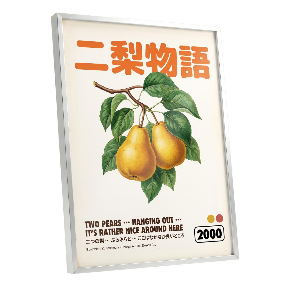 Pear Language, green, beige, gold nature wall art shown as a silver framed poster wall art print
