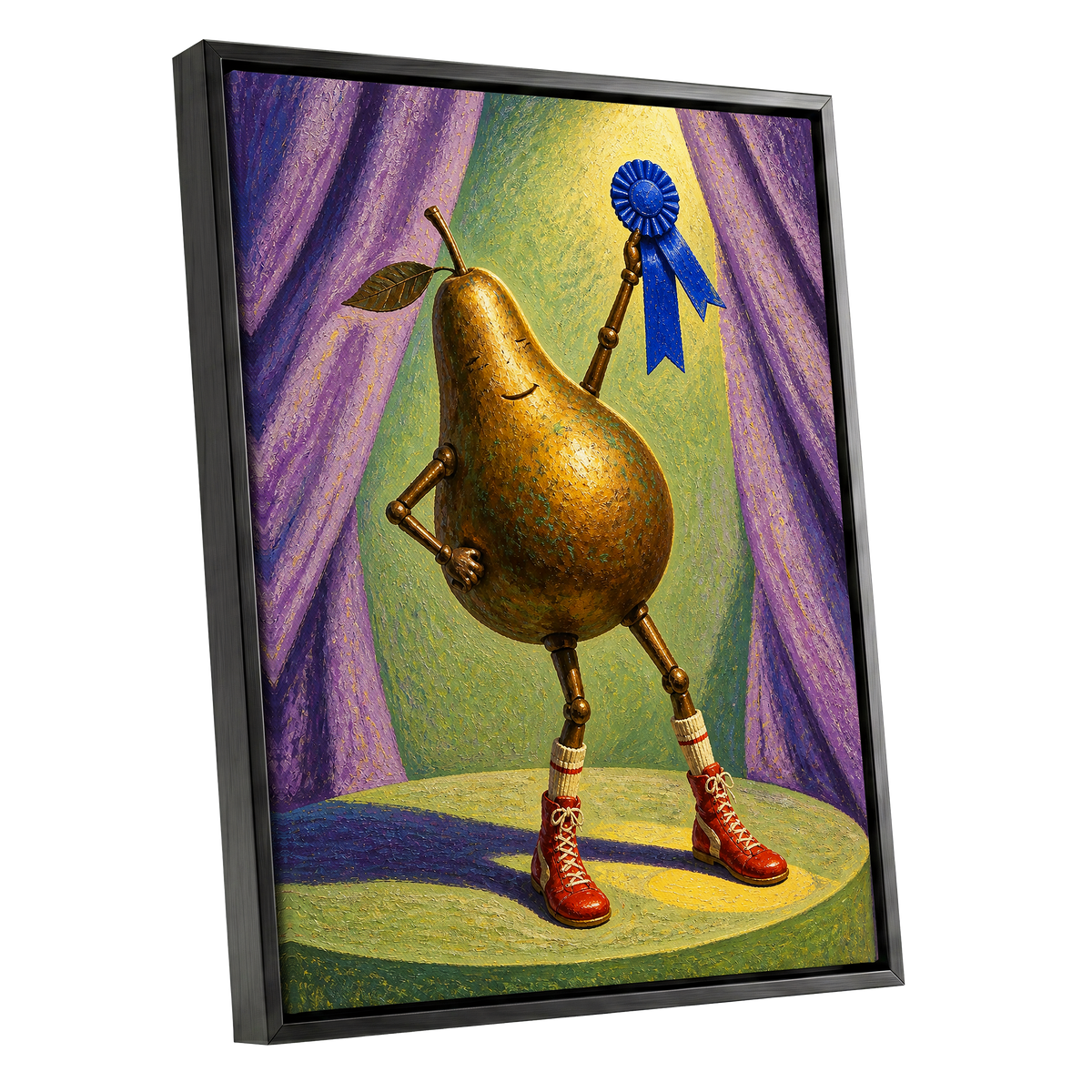 Pear of Honour, gold, purple, green abstract wall art shown as a black framed canvas wall art