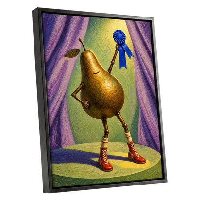 Pear of Honour, gold, purple, green abstract wall art shown as a black framed canvas wall art