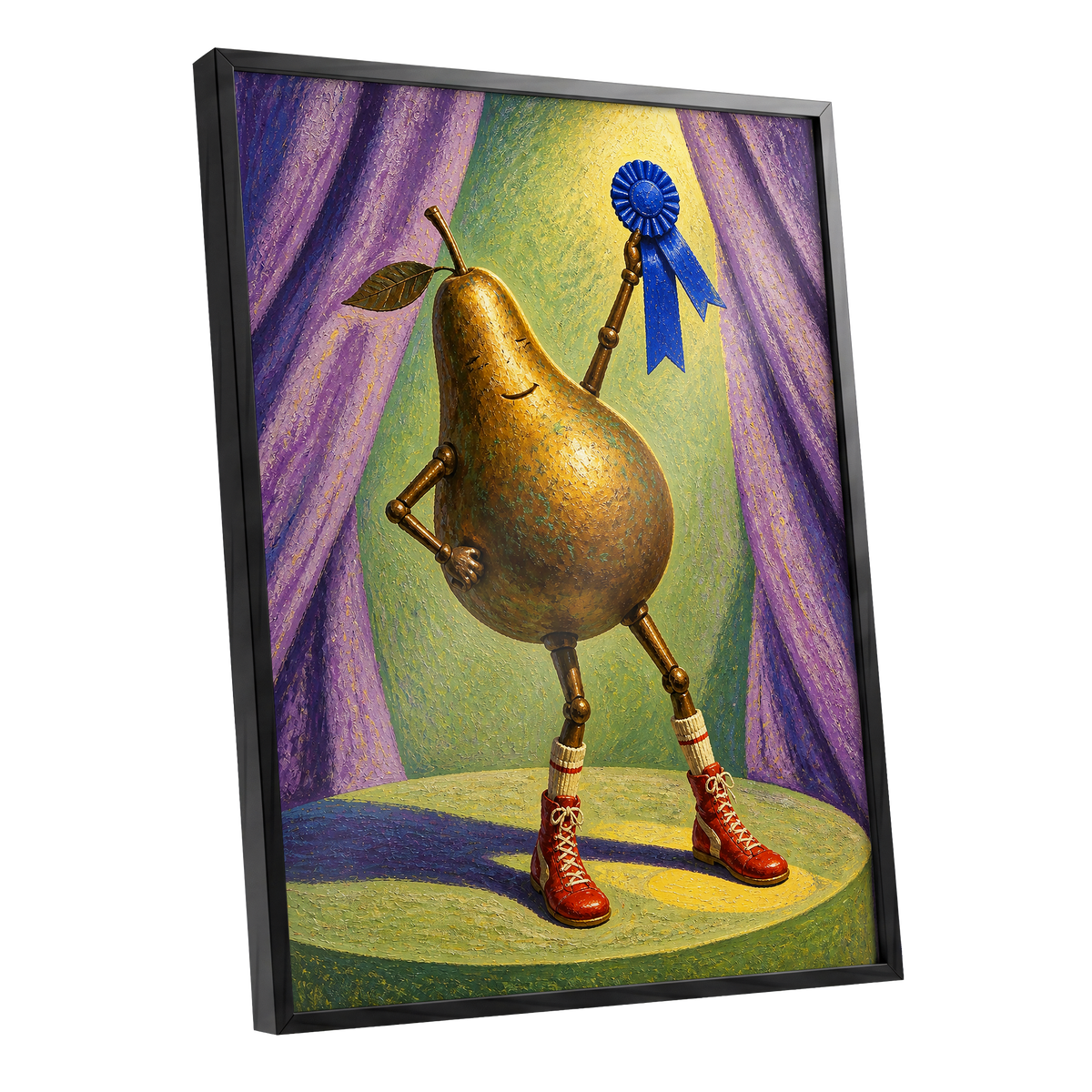 Pear of Honour, gold, purple, green abstract wall art shown as a black framed poster wall art print