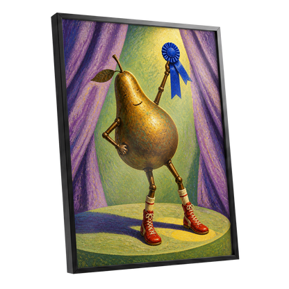 Pear of Honour, gold, purple, green abstract wall art shown as a black framed poster wall art print
