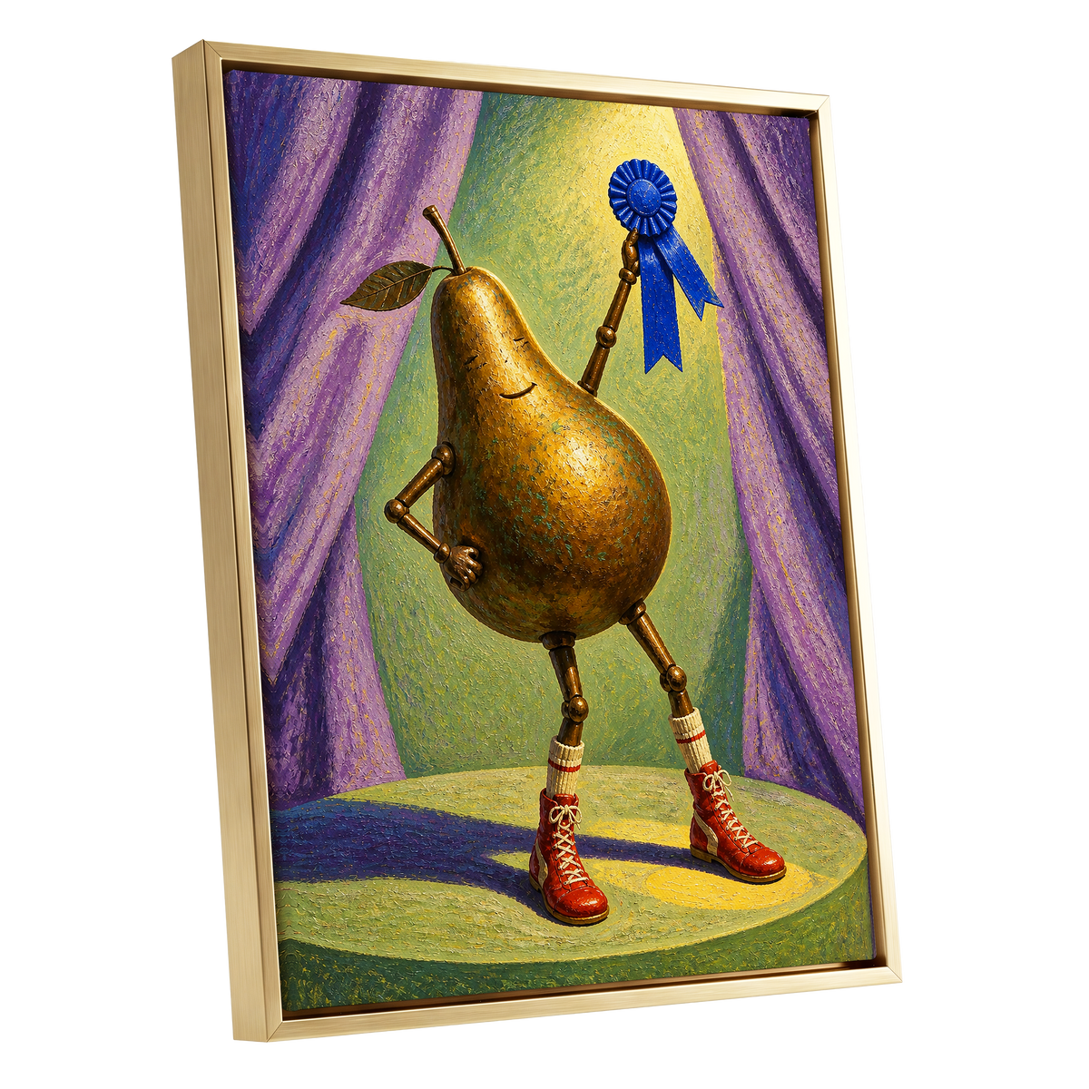 Pear of Honour, gold, purple, green abstract wall art shown as a gold framed canvas wall art