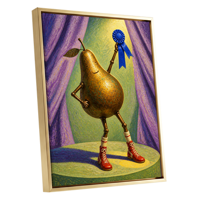 Pear of Honour, gold, purple, green abstract wall art shown as a gold framed canvas wall art
