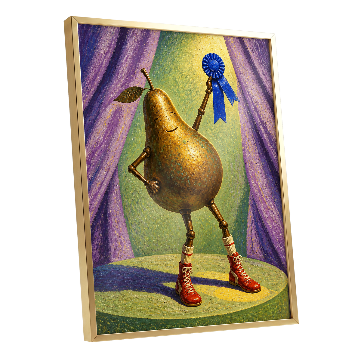 Pear of Honour, gold, purple, green abstract wall art shown as a gold framed poster wall art print