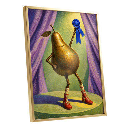 Pear of Honour, gold, purple, green abstract wall art shown as a gold framed poster wall art print