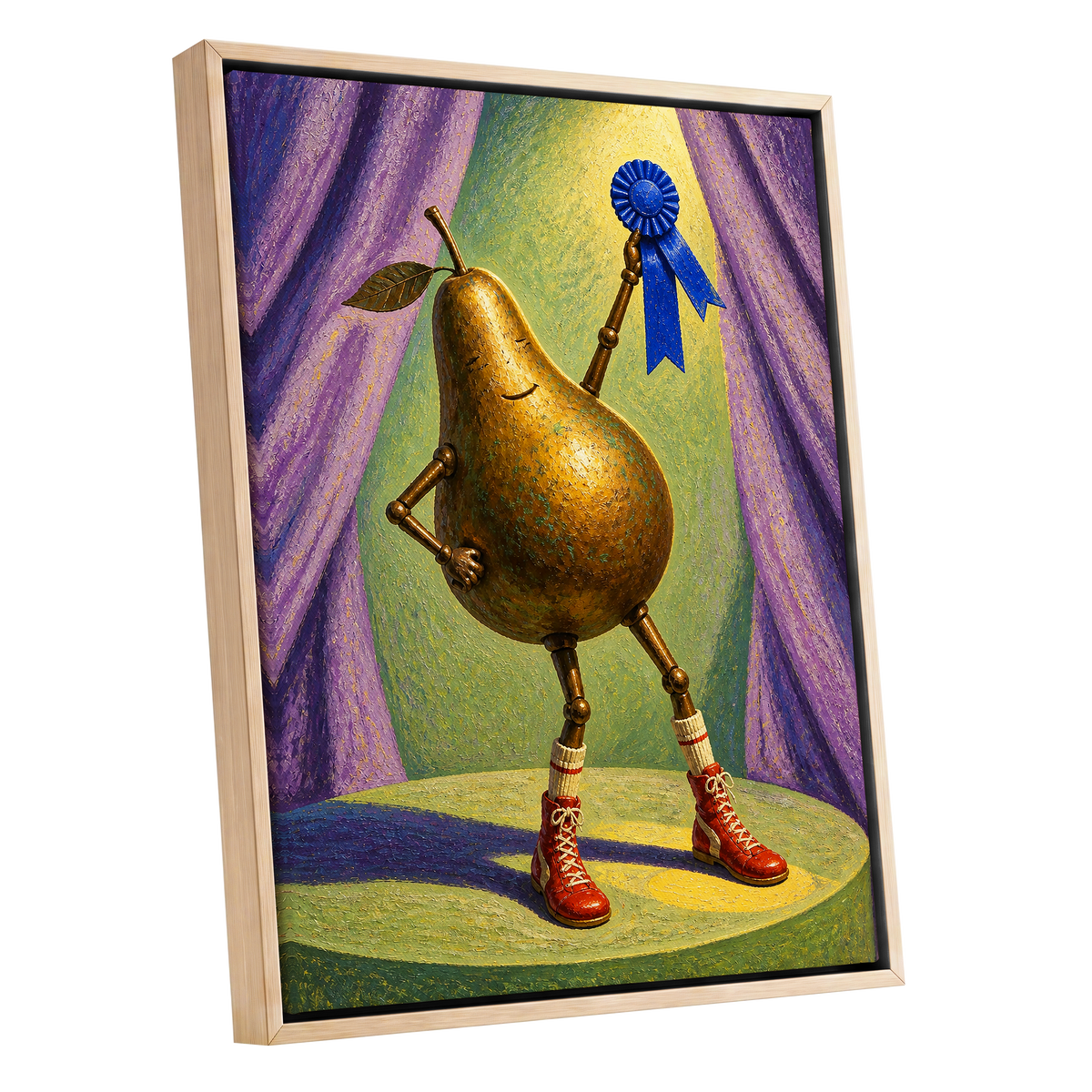 Pear of Honour, gold, purple, green abstract wall art shown as a oak framed canvas wall art