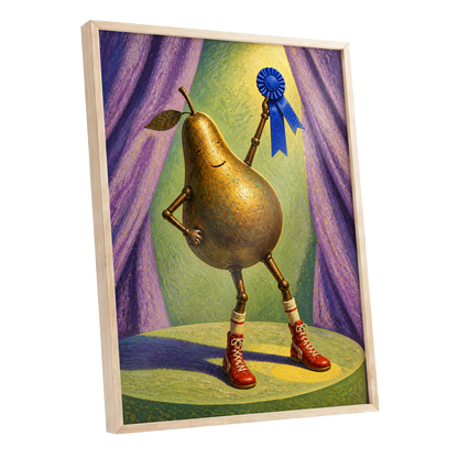 Pear of Honour, gold, purple, green abstract wall art shown as a oak framed poster wall art print