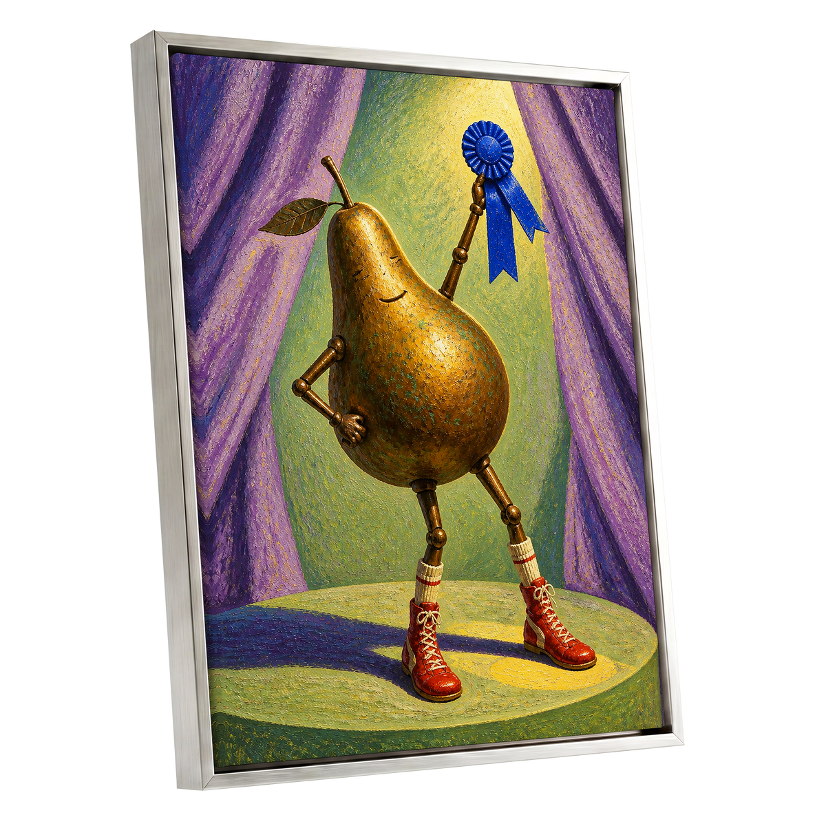 Pear of Honour, gold, purple, green abstract wall art shown as a silver framed canvas wall art