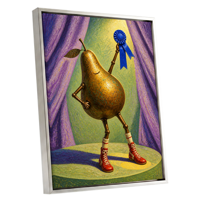 Pear of Honour, gold, purple, green abstract wall art shown as a silver framed canvas wall art