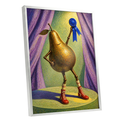 Pear of Honour, gold, purple, green abstract wall art shown as a silver framed poster wall art print