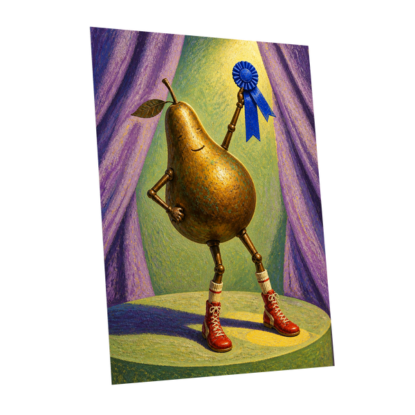 Pear of Honour, gold, purple, green abstract wall art shown as a unframed poster wall art print