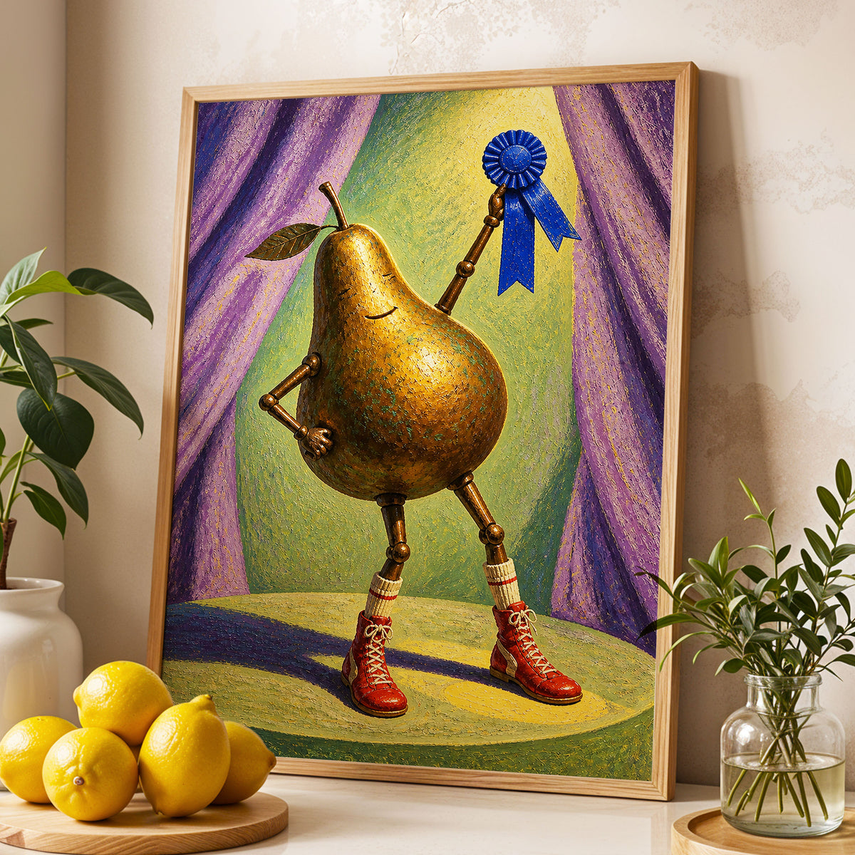 Pear of Honour, gold, purple, green abstract wall art displayed in a styled interior, gallery view 2