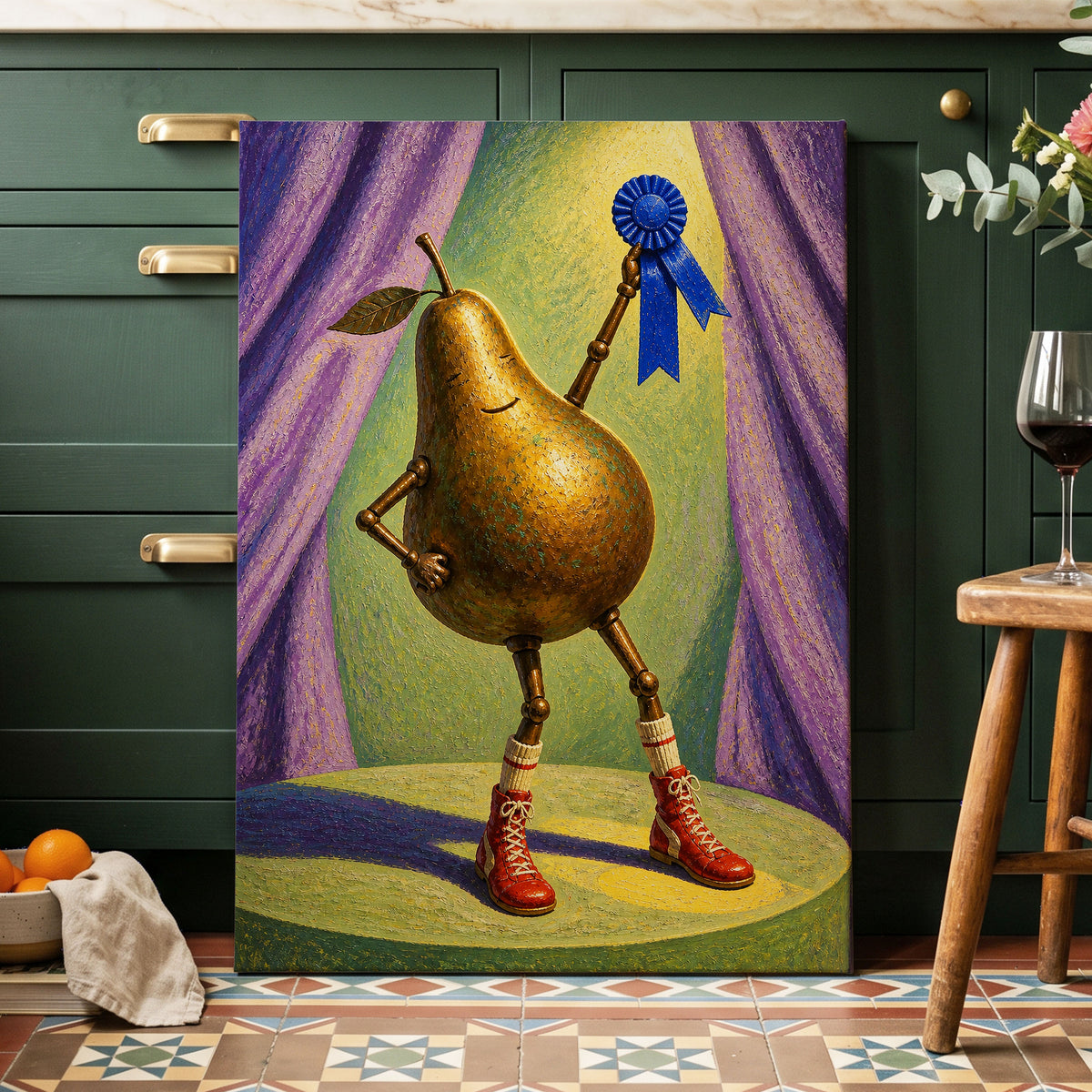 Pear of Honour, gold, purple, green abstract wall art displayed in a styled interior, gallery view 3