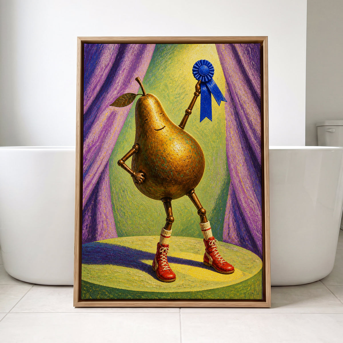 Pear of Honour, gold, purple, green abstract wall art displayed in a styled interior, gallery view 4