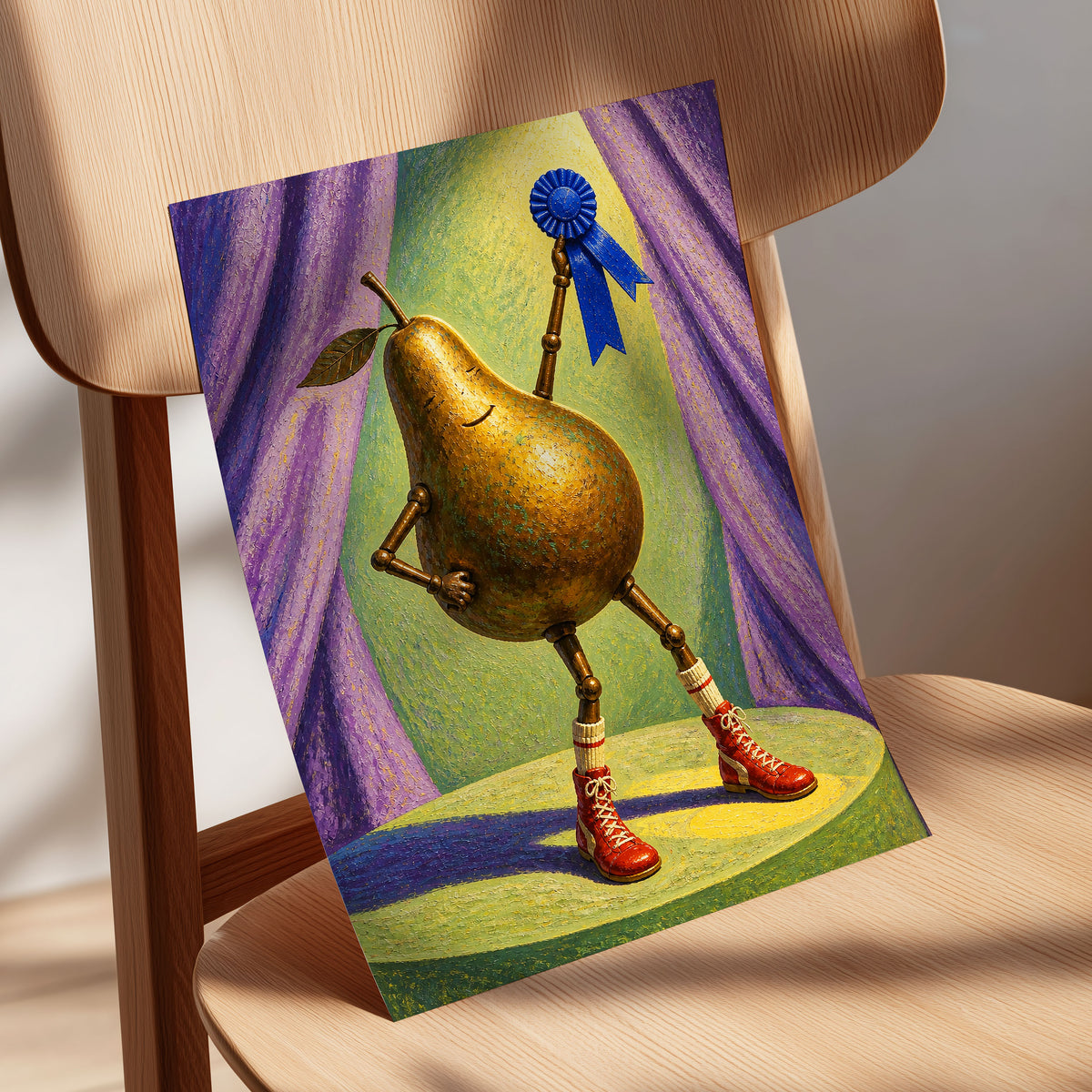 Pear of Honour, gold, purple, green abstract wall art displayed in a styled interior, gallery view 5