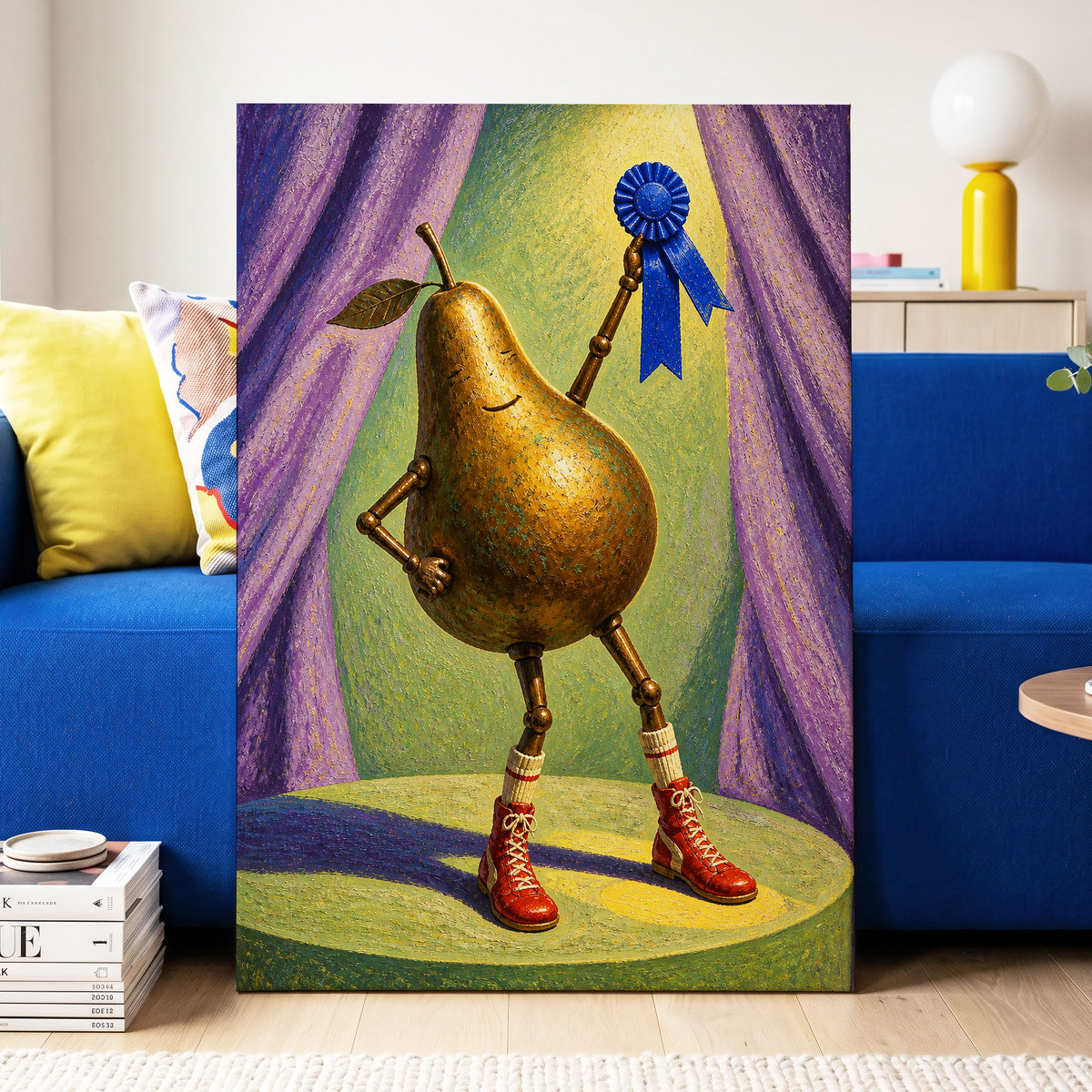 Pear of Honour, gold, purple, green abstract wall art displayed in a styled interior, gallery view 7