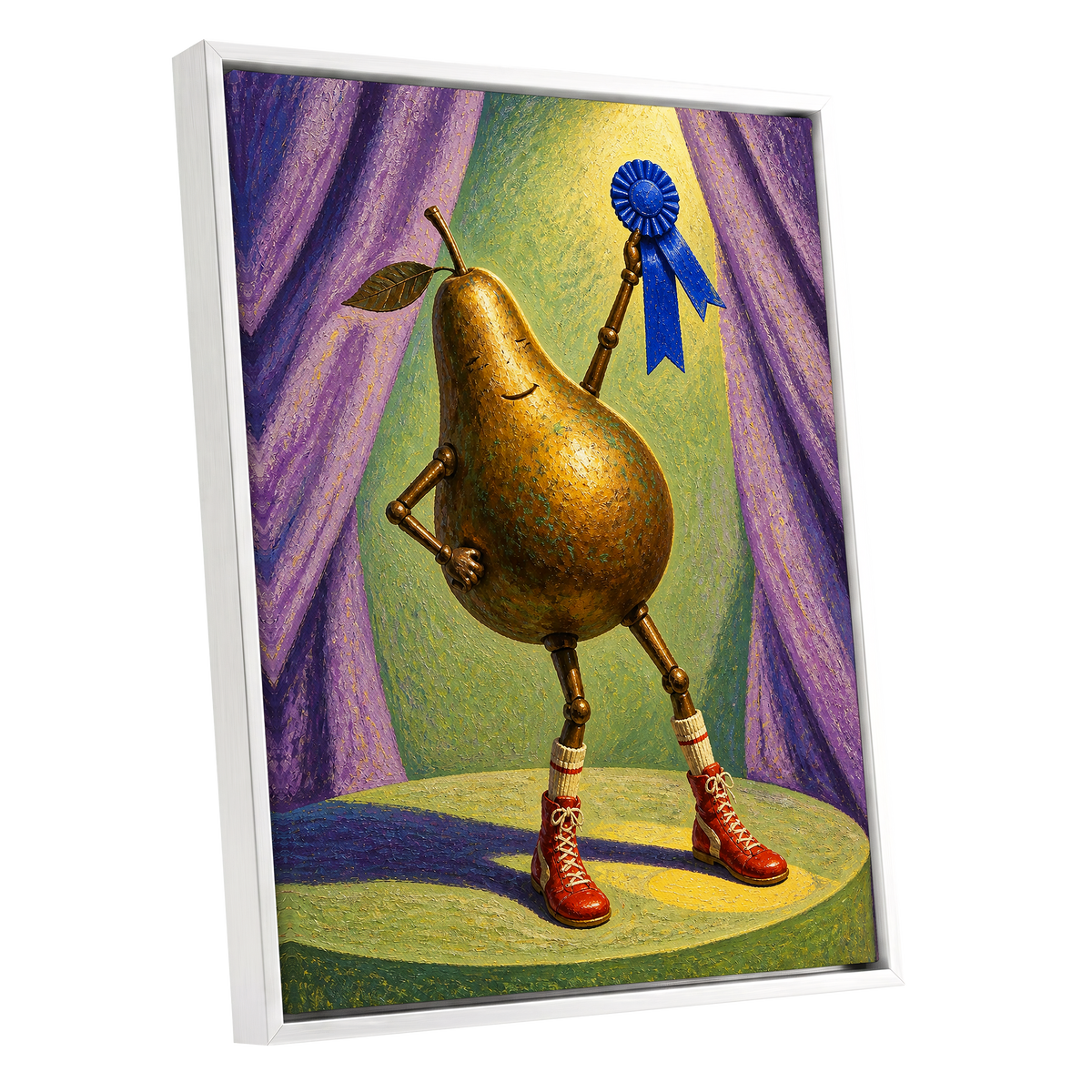 Pear of Honour, gold, purple, green abstract wall art shown as a white framed canvas wall art