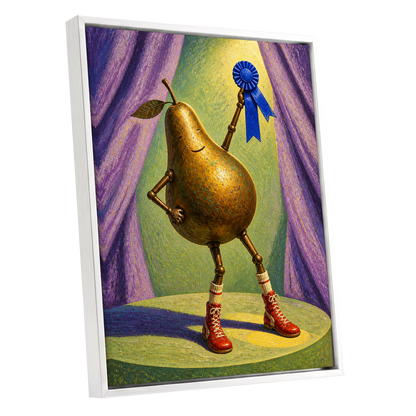 Pear of Honour, gold, purple, green abstract wall art shown as a white framed canvas wall art