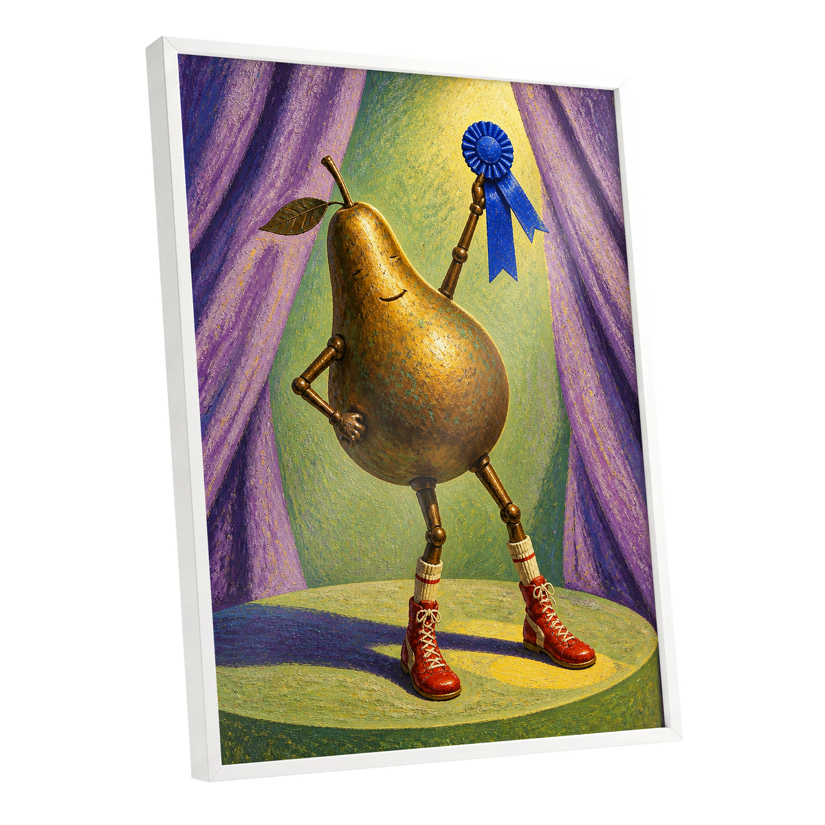 Pear of Honour, gold, purple, green abstract wall art shown as a white framed poster wall art print