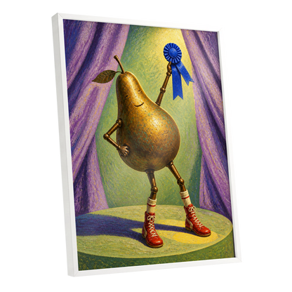 Pear of Honour, gold, purple, green abstract wall art shown as a white framed poster wall art print