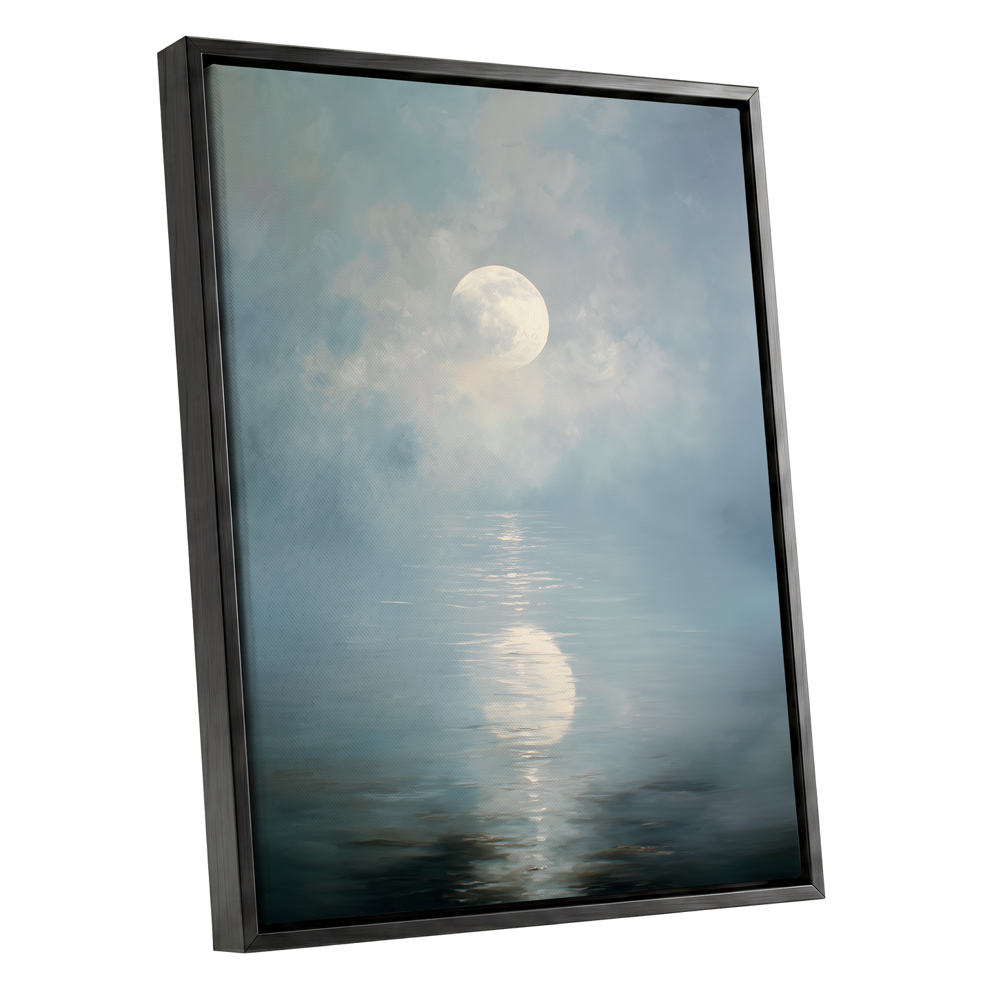 Pearl Above Quiet Water, blue, white, gray nature wall art shown as a black framed canvas wall art