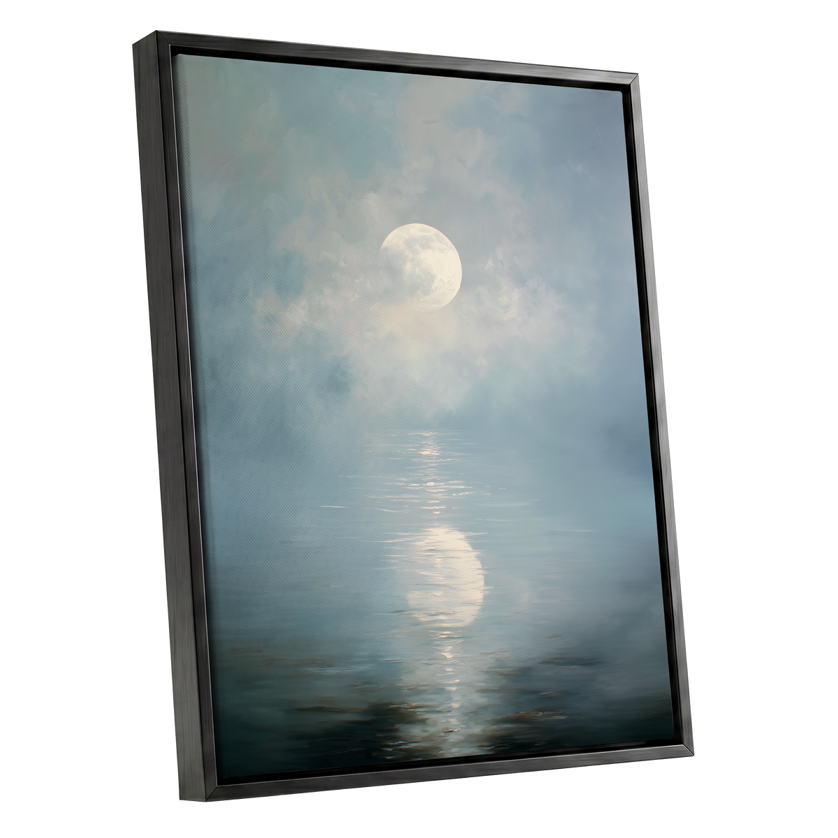 Pearl Above Quiet Water, blue, white, gray nature wall art shown as a black framed canvas wall art
