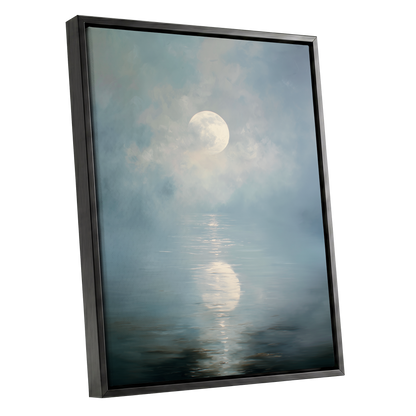 Pearl Above Quiet Water, blue, white, gray nature wall art shown as a black framed canvas wall art