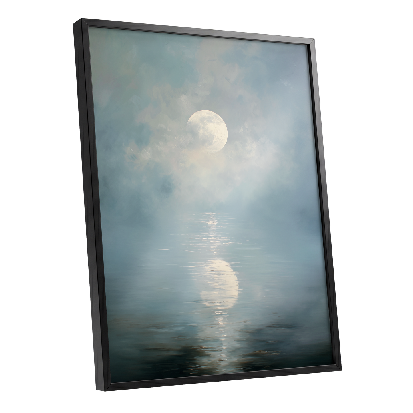 Pearl Above Quiet Water, blue, white, gray nature wall art shown as a black framed poster wall art print