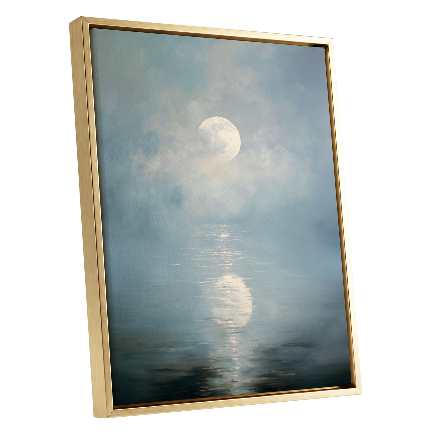 Pearl Above Quiet Water, blue, white, gray nature wall art shown as a gold framed canvas wall art