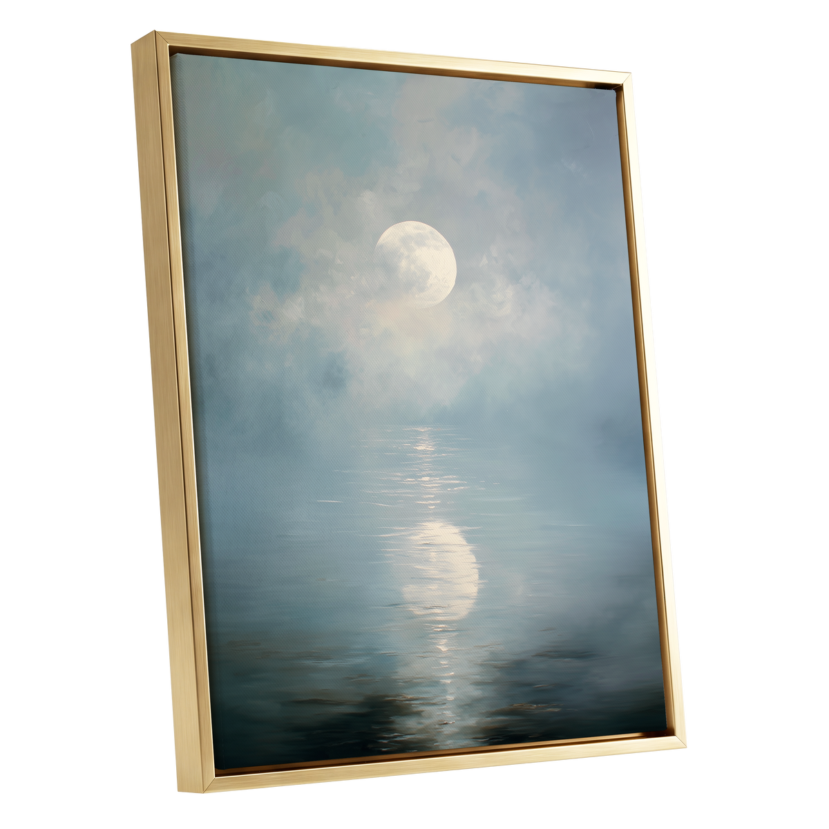 Pearl Above Quiet Water, blue, white, gray nature wall art shown as a gold framed canvas wall art