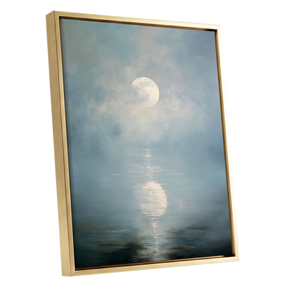 Pearl Above Quiet Water, blue, white, gray nature wall art shown as a gold framed canvas wall art