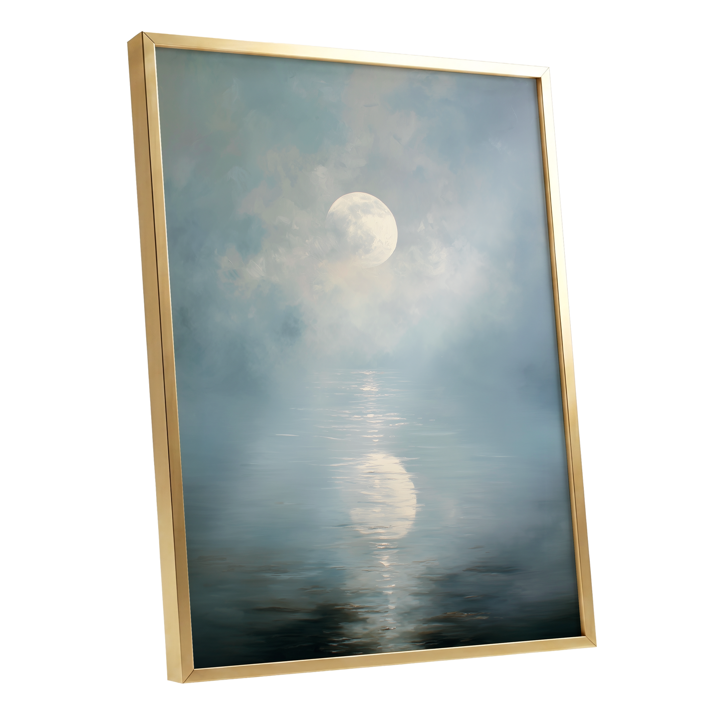 Pearl Above Quiet Water, blue, white, gray nature wall art shown as a gold framed poster wall art print