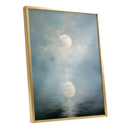 Pearl Above Quiet Water, blue, white, gray nature wall art shown as a gold framed poster wall art print