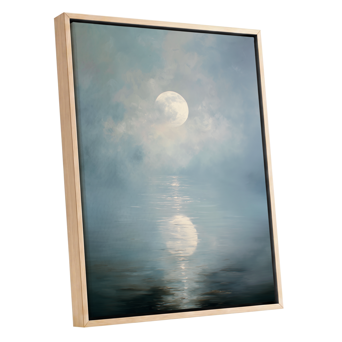 Pearl Above Quiet Water, blue, white, gray nature wall art shown as a oak framed canvas wall art