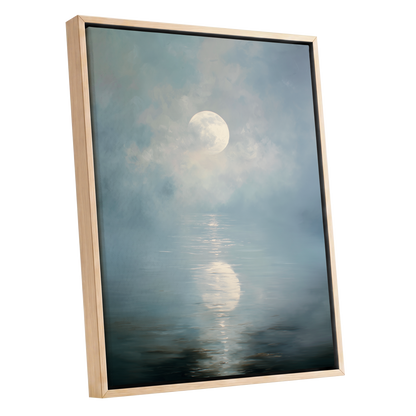 Pearl Above Quiet Water, blue, white, gray nature wall art shown as a oak framed canvas wall art