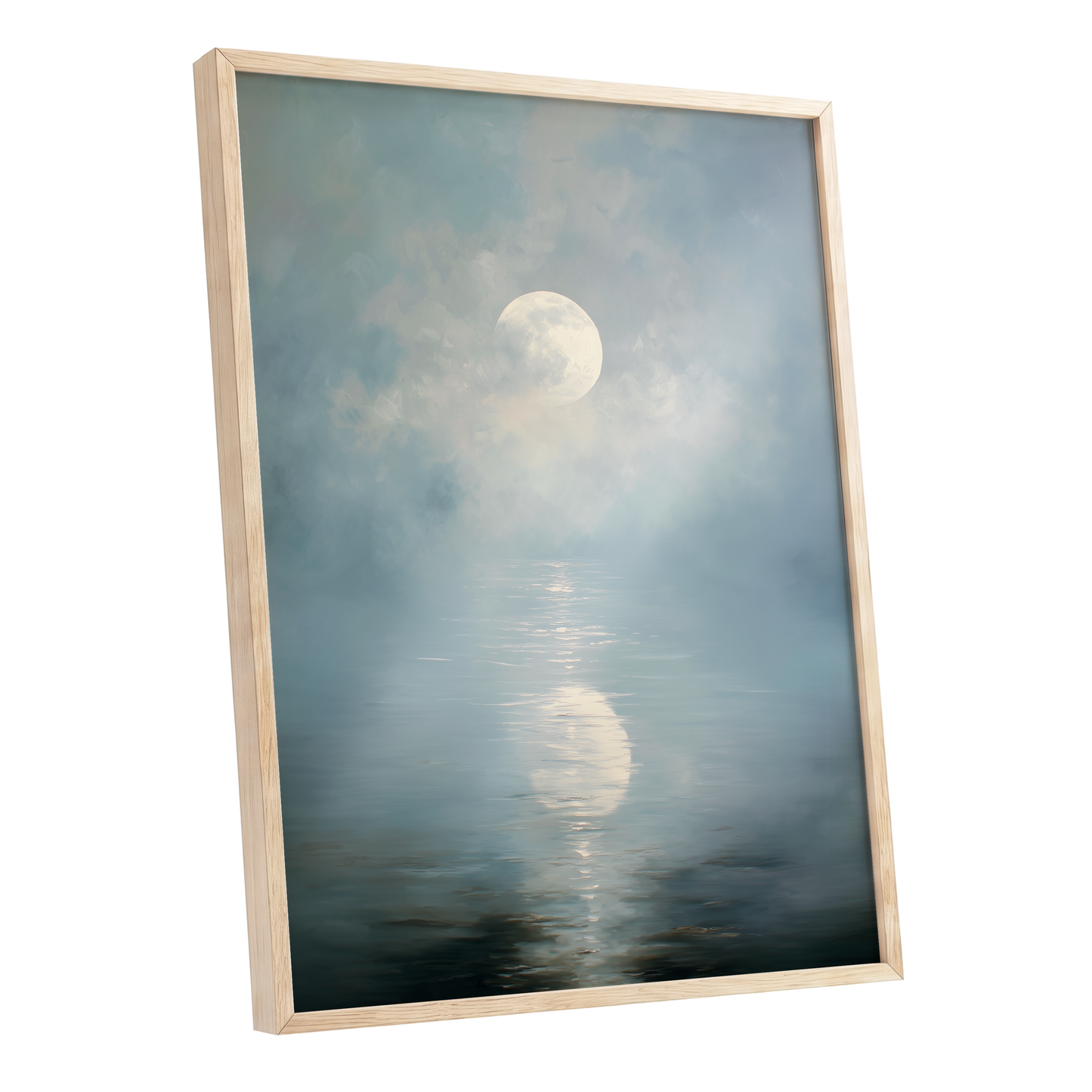 Pearl Above Quiet Water, blue, white, gray nature wall art shown as a oak framed poster wall art print