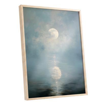 Pearl Above Quiet Water, blue, white, gray nature wall art shown as a oak framed poster wall art print