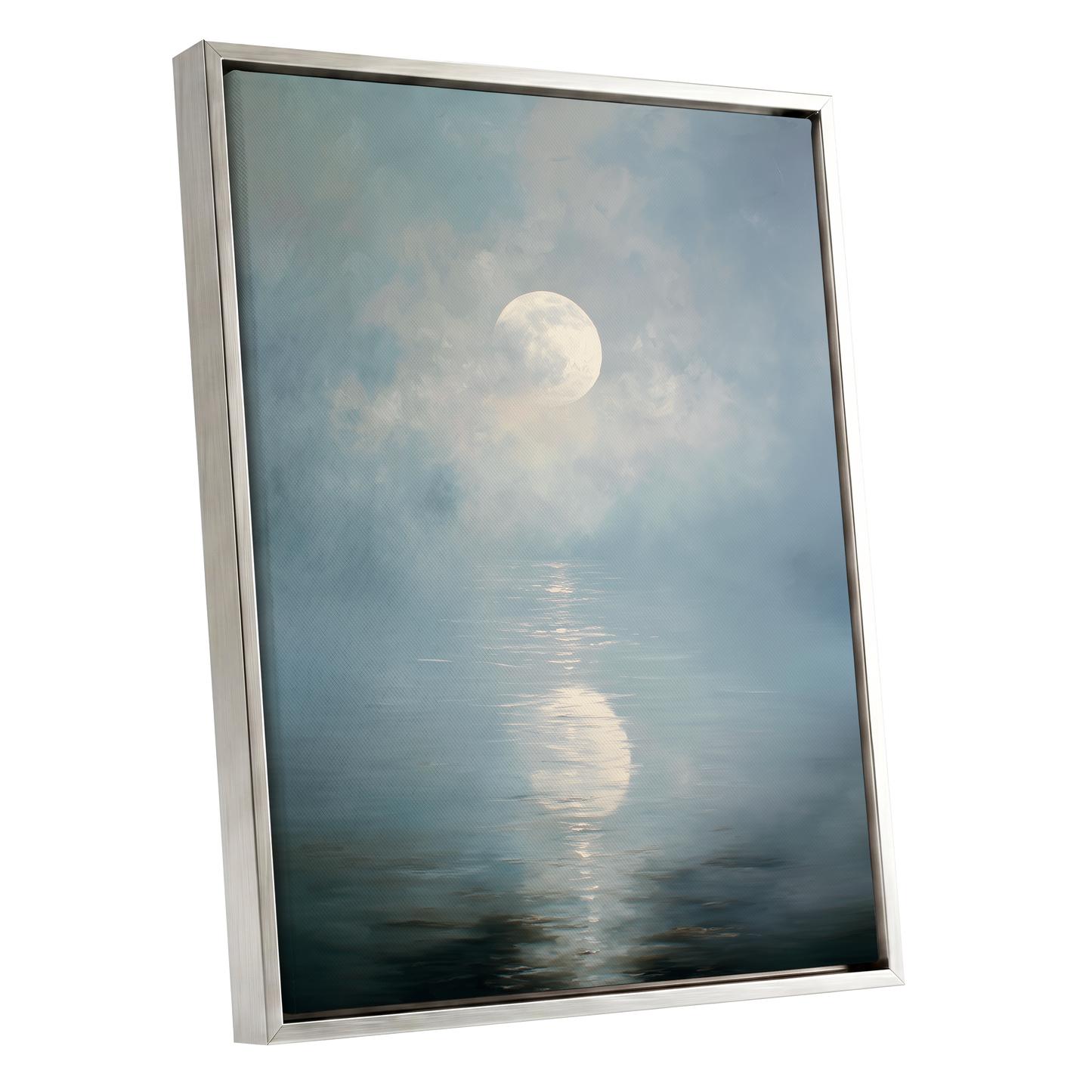 Pearl Above Quiet Water, blue, white, gray nature wall art shown as a silver framed canvas wall art