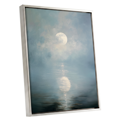 Pearl Above Quiet Water, blue, white, gray nature wall art shown as a silver framed canvas wall art