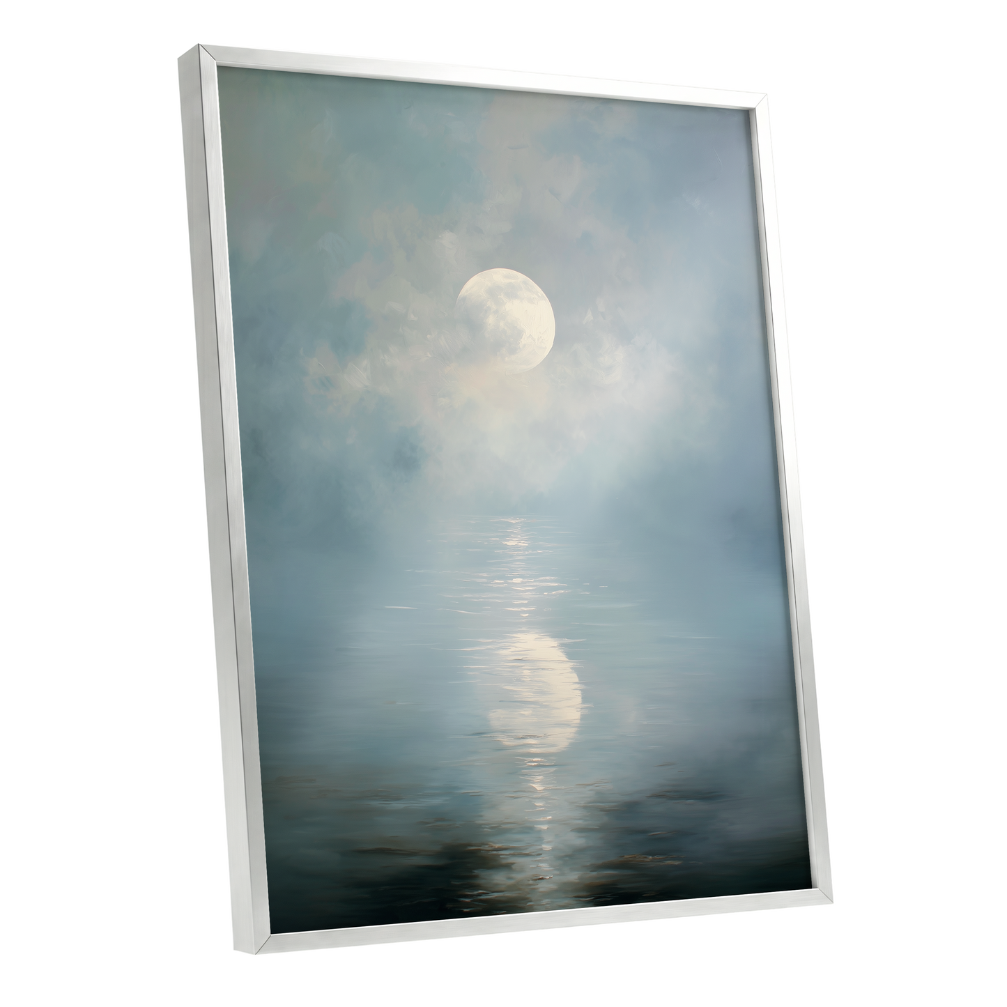 Pearl Above Quiet Water, blue, white, gray nature wall art shown as a silver framed poster wall art print
